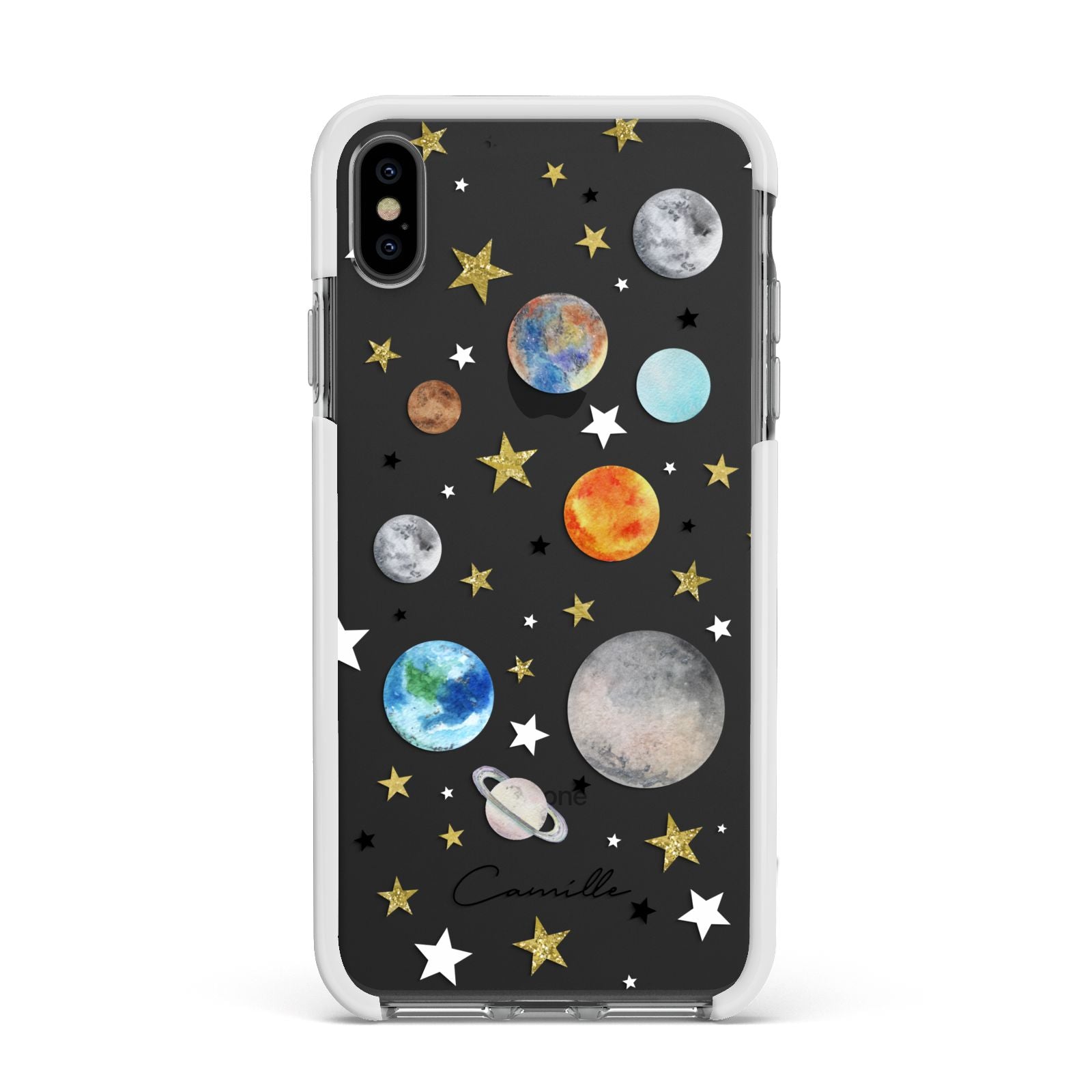 Personalised Solar System Apple iPhone Xs Max Impact Case White Edge on Black Phone