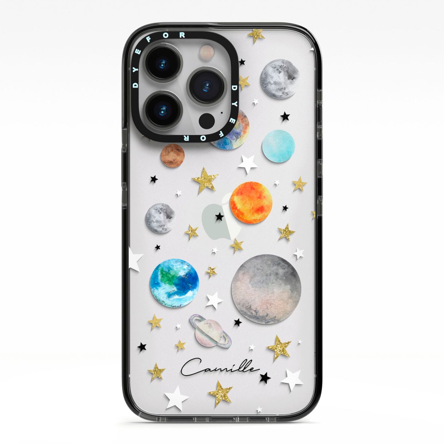 Personalised Solar System iPhone 13 Pro Black Impact Case on Silver phone