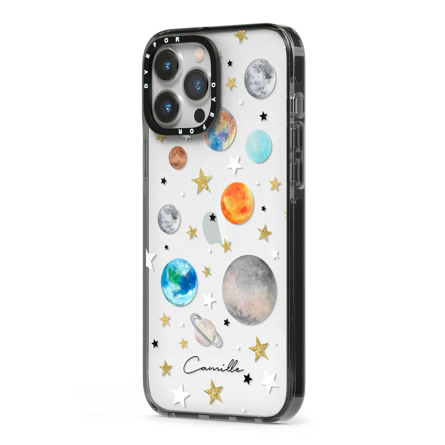 Personalised Solar System iPhone 13 Pro Max Black Impact Case Side Angle on Silver phone