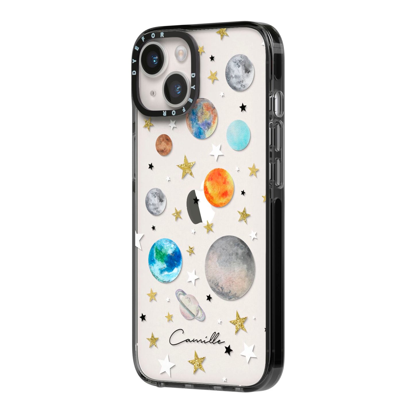 Personalised Solar System iPhone 14 Black Impact Case Side Angle on Silver phone