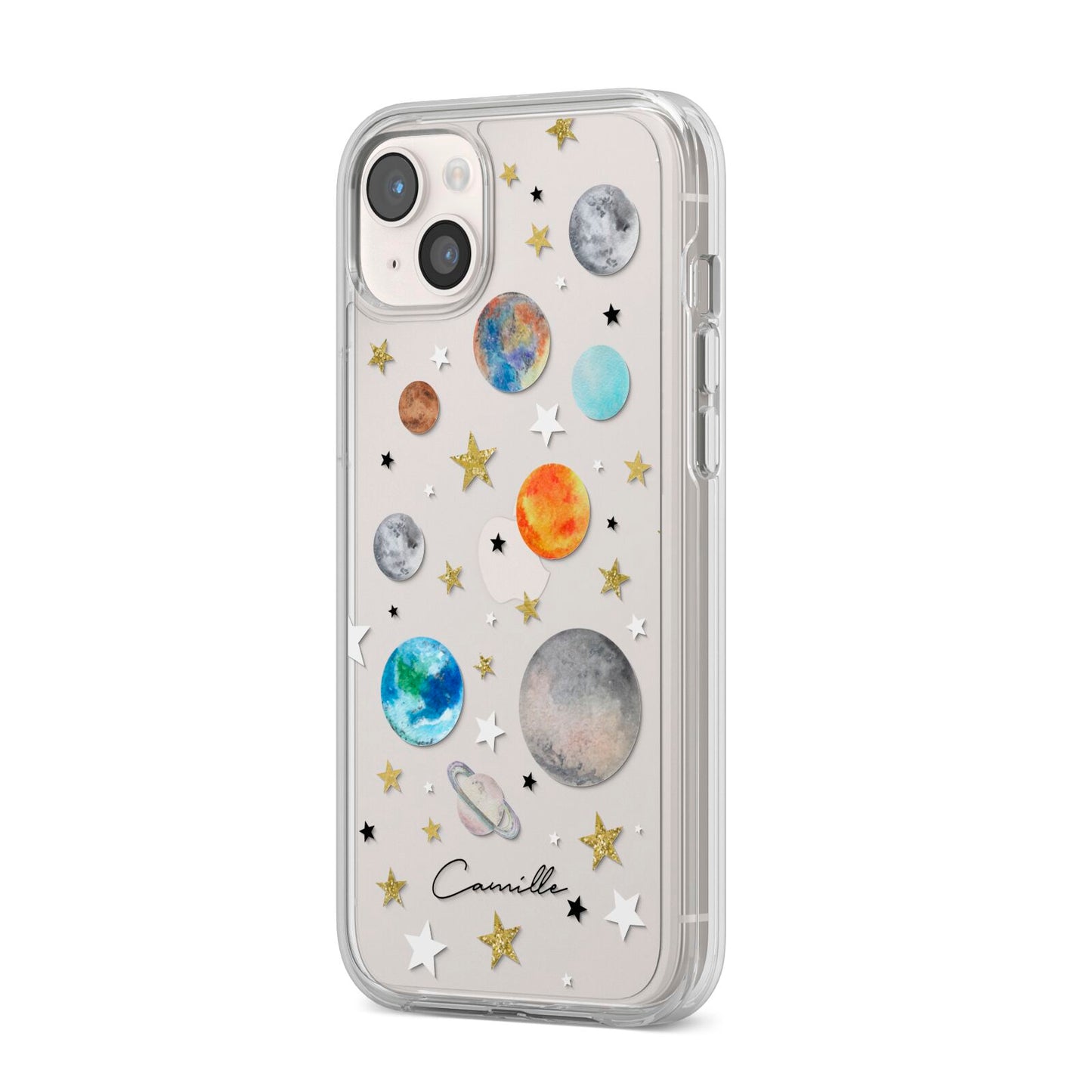 Personalised Solar System iPhone 14 Plus Clear Tough Case Starlight Angled Image