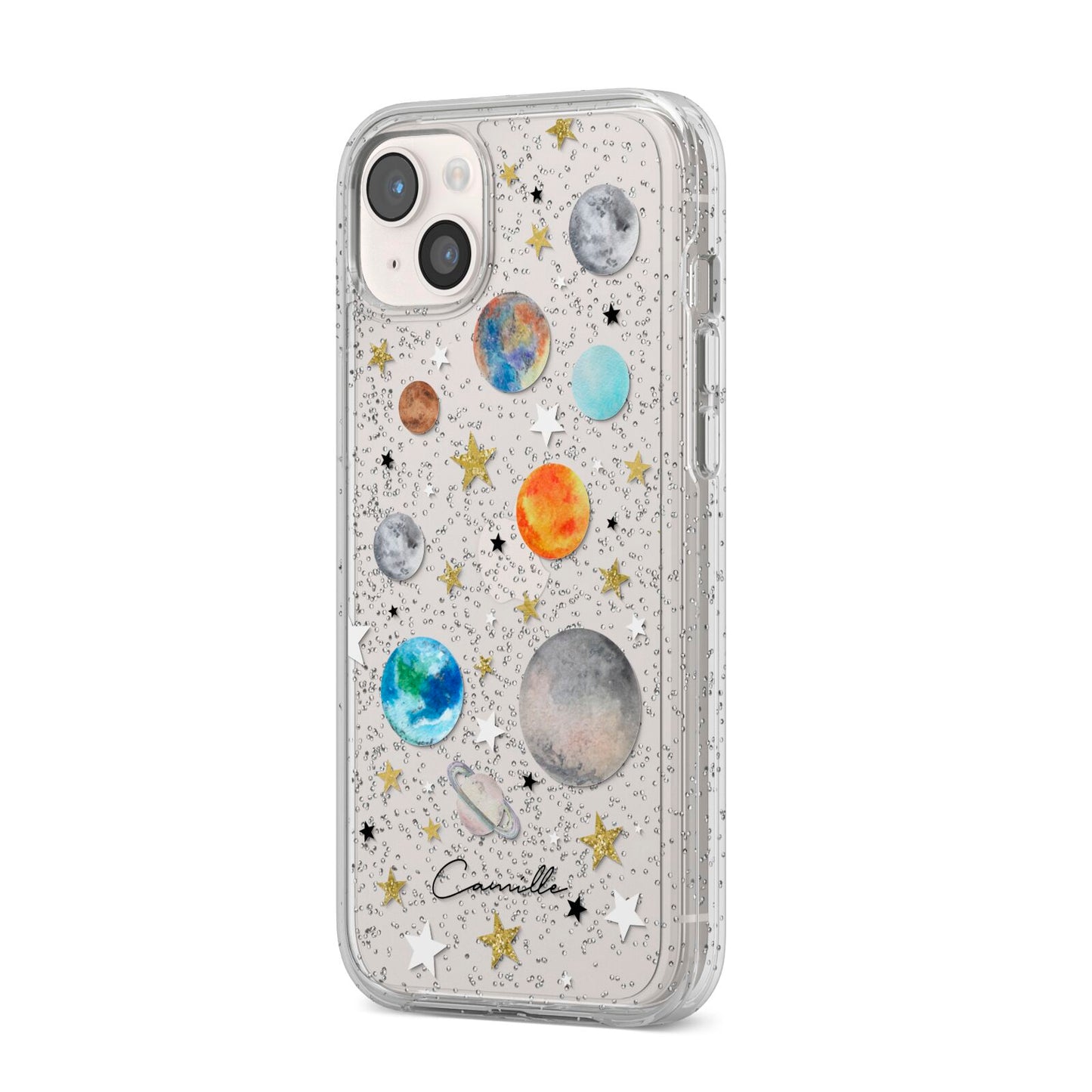 Personalised Solar System iPhone 14 Plus Glitter Tough Case Starlight Angled Image
