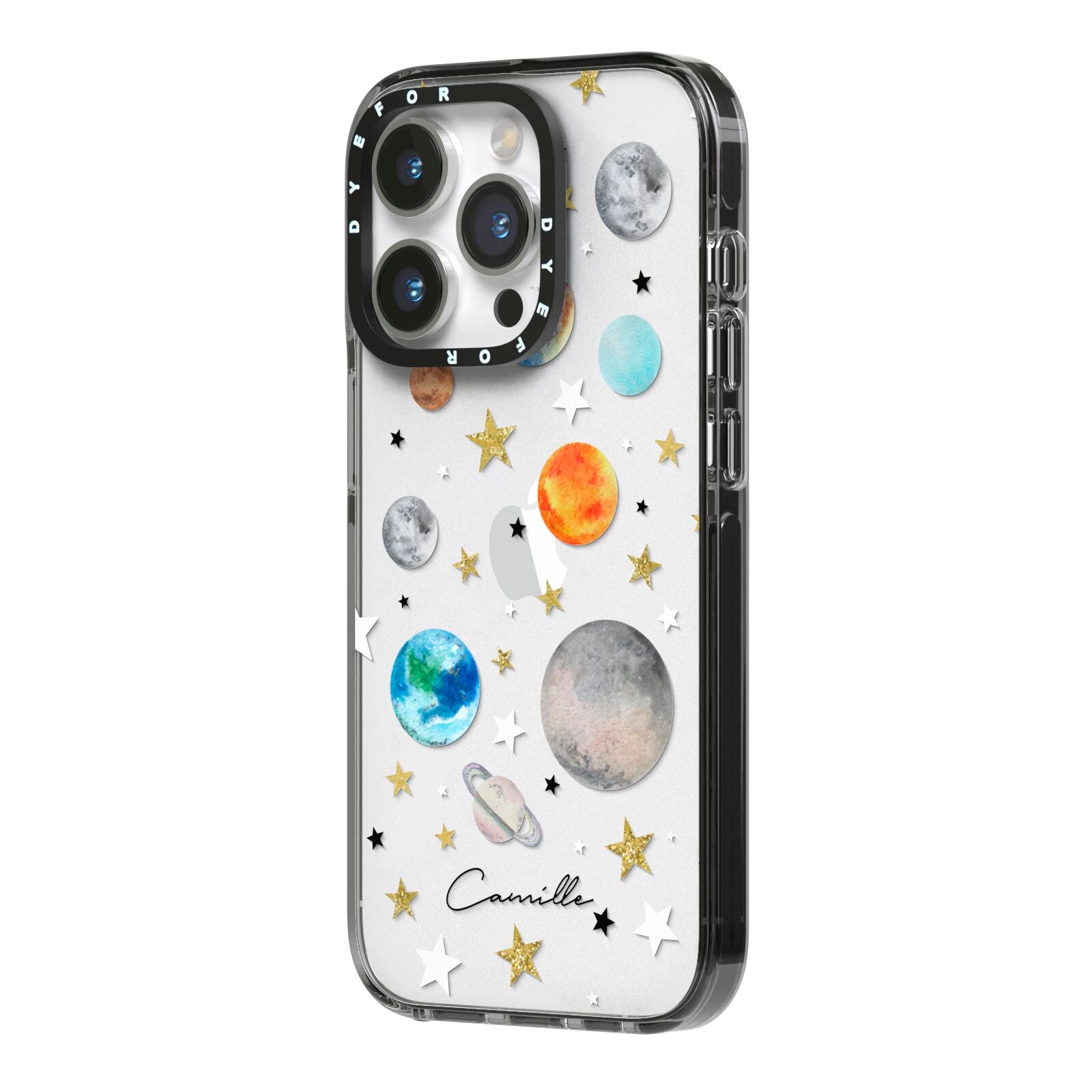 Personalised Solar System iPhone 14 Pro Black Impact Case Side Angle on Silver phone