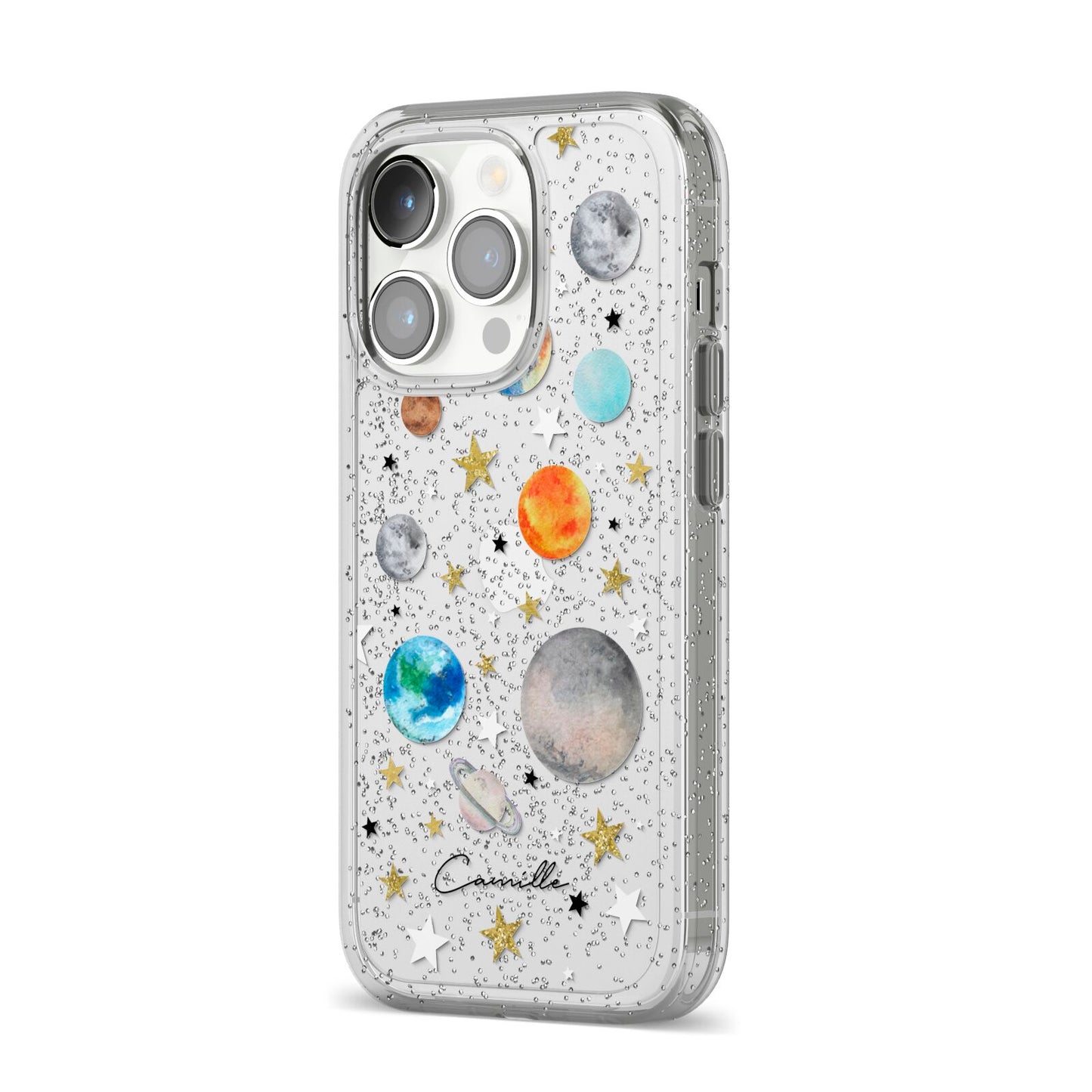 Personalised Solar System iPhone 14 Pro Glitter Tough Case Silver Angled Image