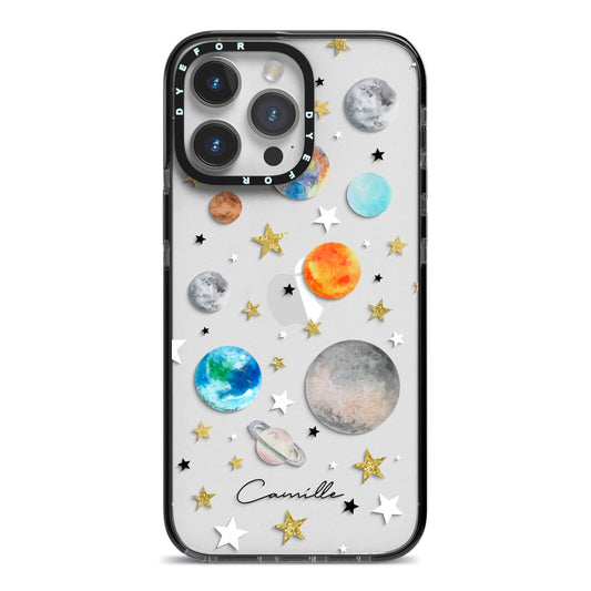 Personalised Solar System iPhone 14 Pro Max Black Impact Case on Silver phone
