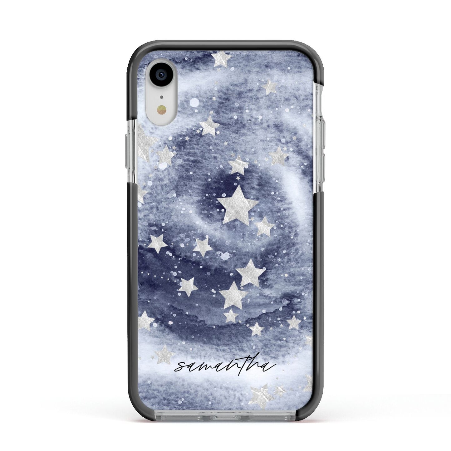 Personalised Space Apple iPhone XR Impact Case Black Edge on Silver Phone