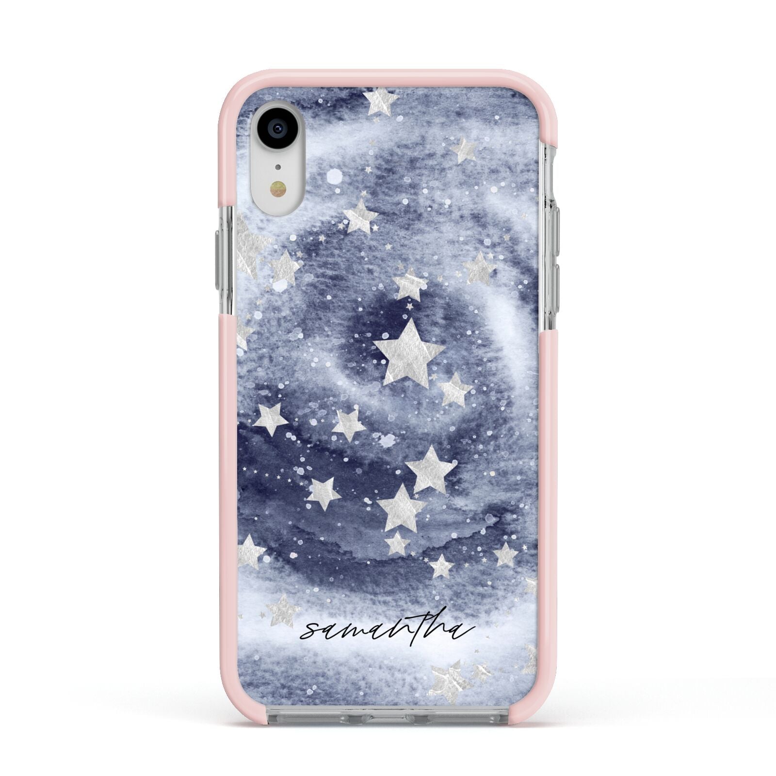 Personalised Space Apple iPhone XR Impact Case Pink Edge on Silver Phone