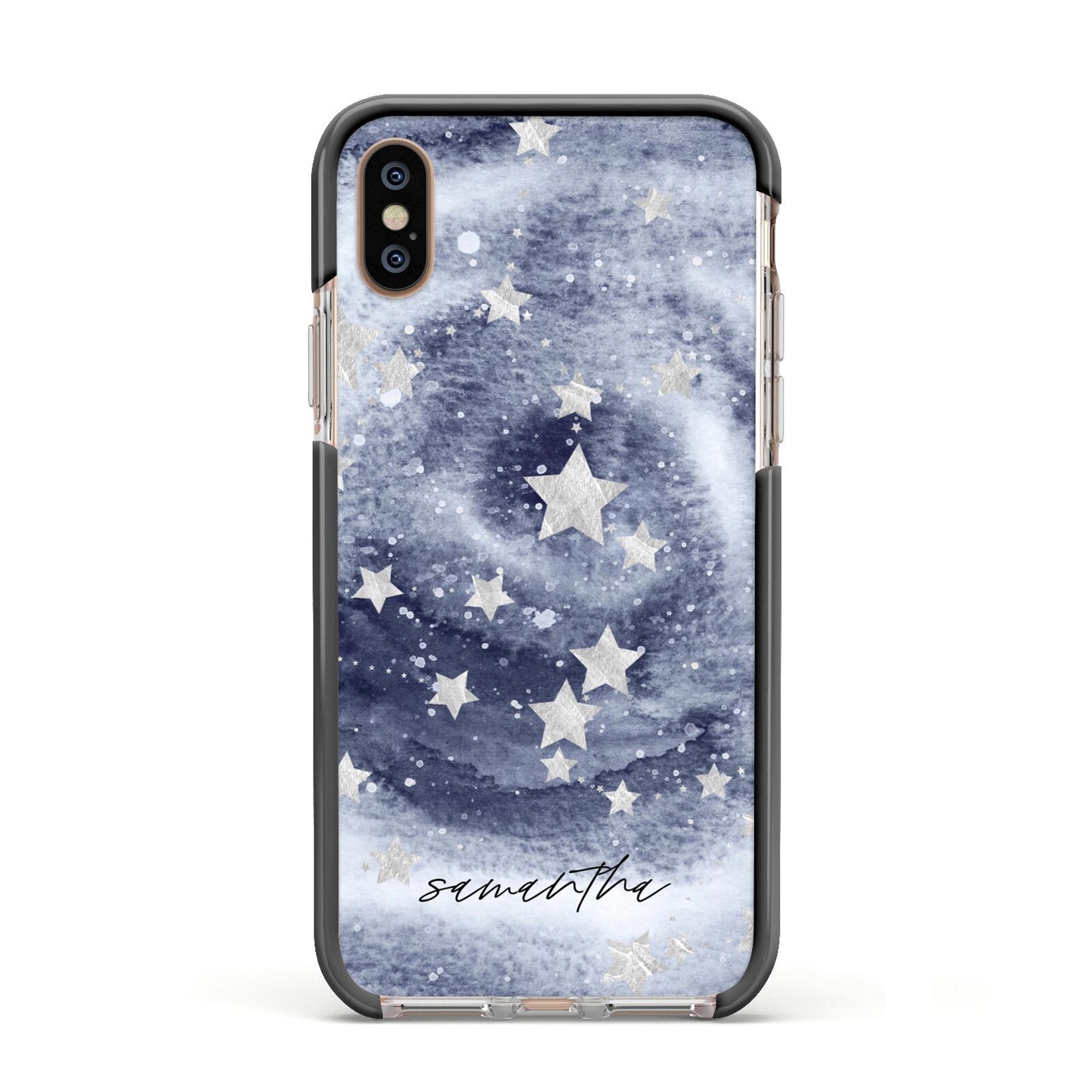 Personalised Space Apple iPhone Xs Impact Case Black Edge on Gold Phone