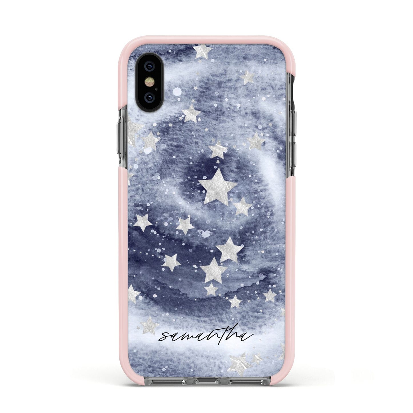 Personalised Space Apple iPhone Xs Impact Case Pink Edge on Black Phone