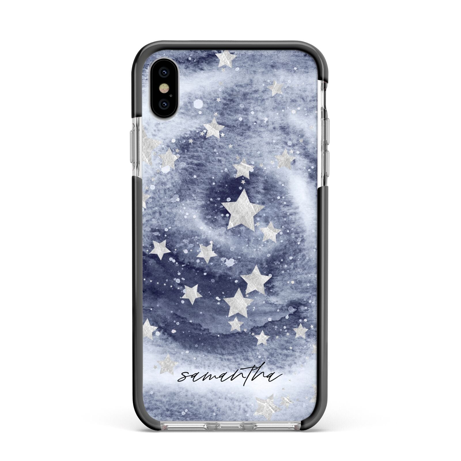 Personalised Space Apple iPhone Xs Max Impact Case Black Edge on Silver Phone