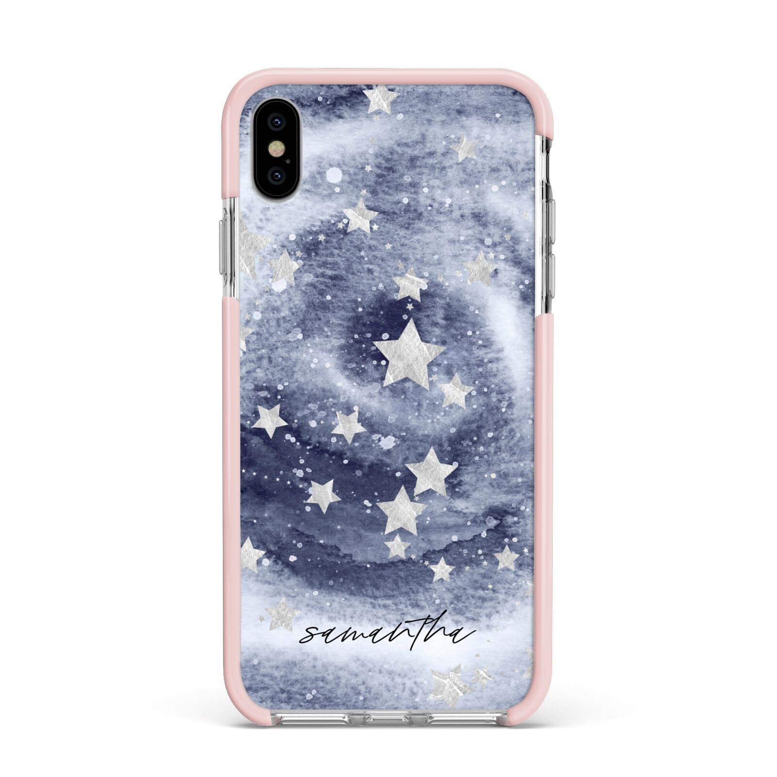 Personalised Space Apple iPhone Xs Max Impact Case Pink Edge on Silver Phone