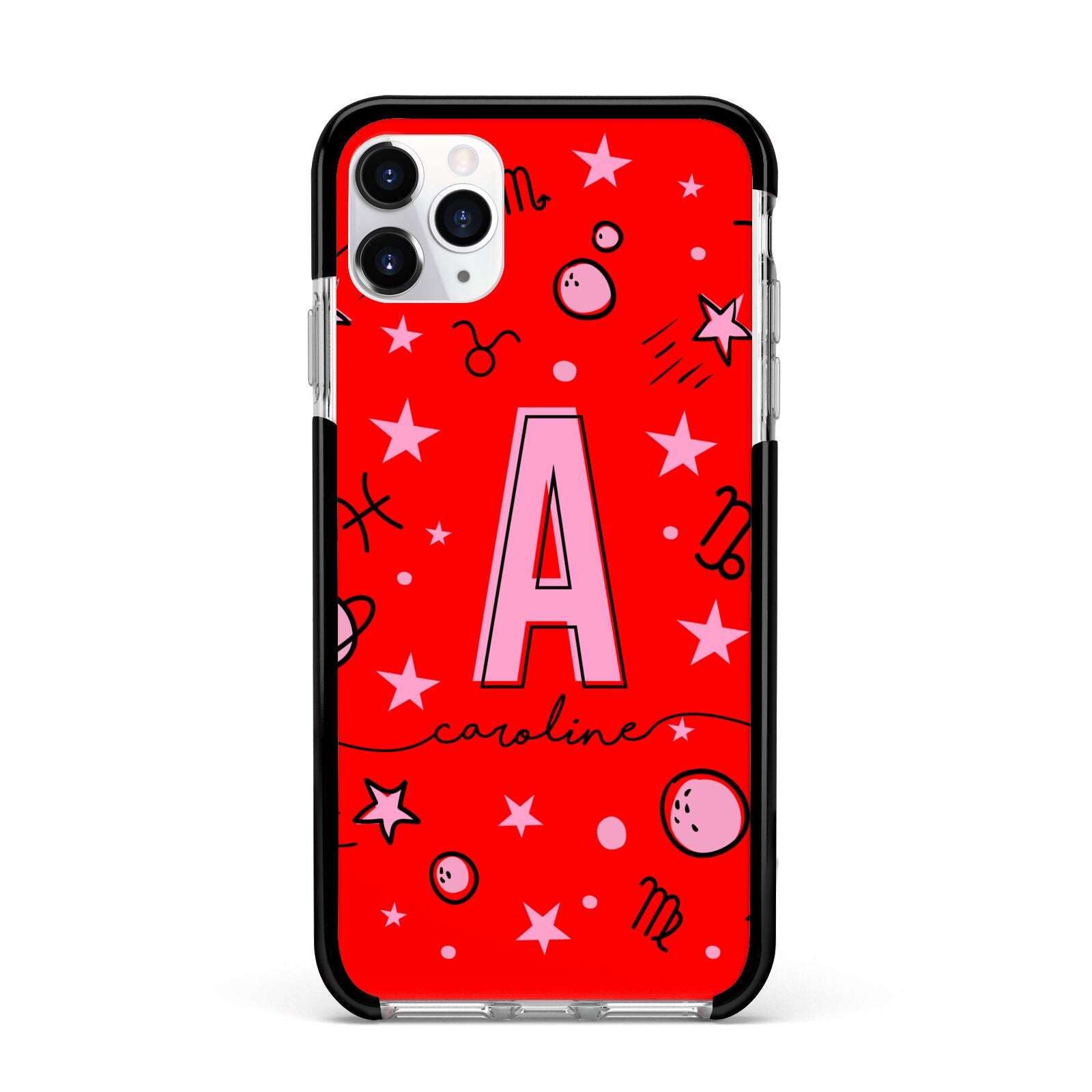 Personalised Space Initial Name Apple iPhone 11 Pro Max in Silver with Black Impact Case