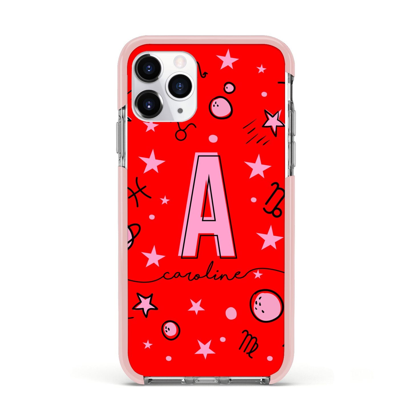 Personalised Space Initial Name Apple iPhone 11 Pro in Silver with Pink Impact Case
