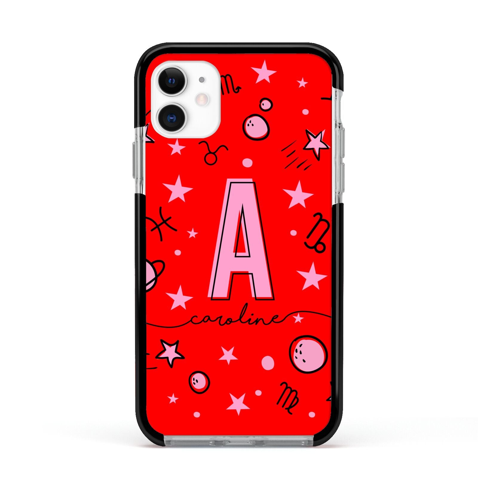 Personalised Space Initial Name Apple iPhone 11 in White with Black Impact Case