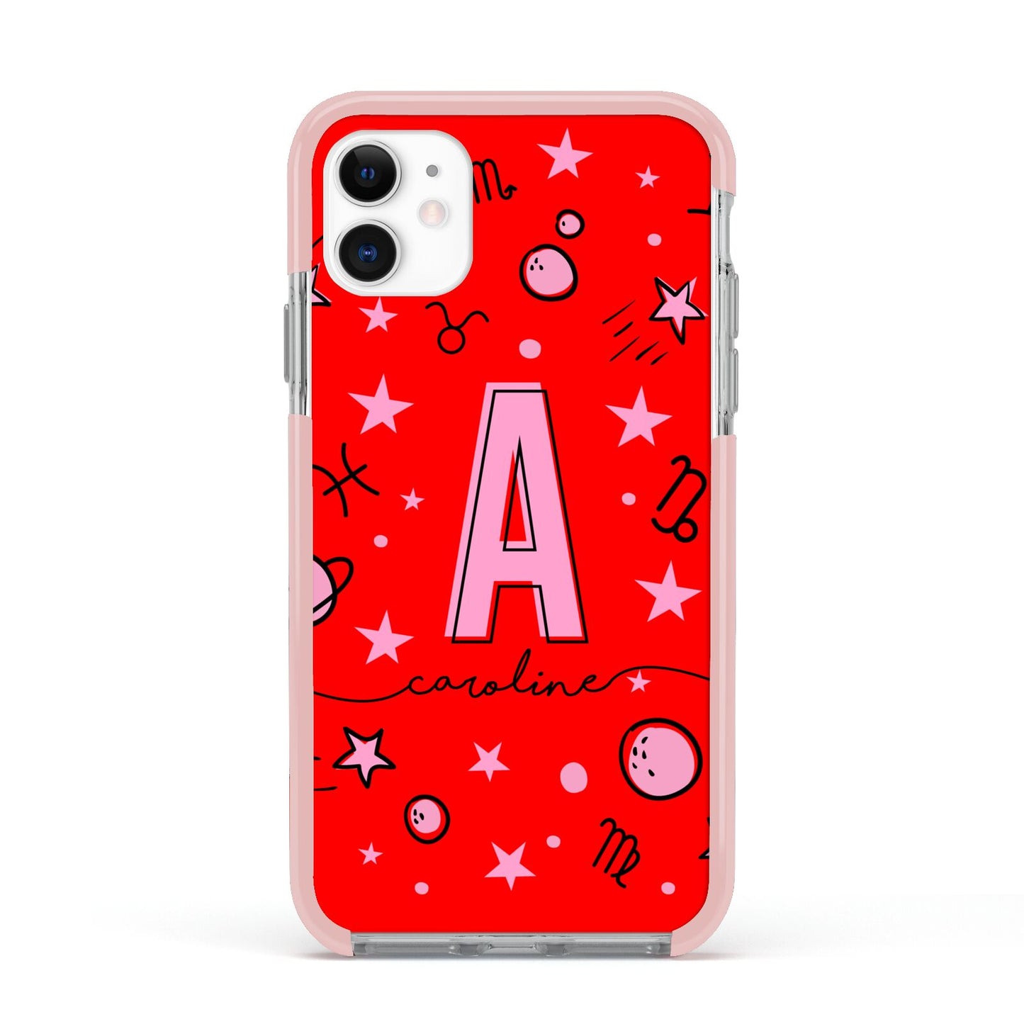 Personalised Space Initial Name Apple iPhone 11 in White with Pink Impact Case