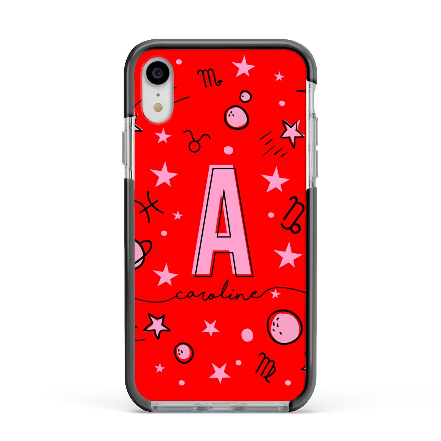 Personalised Space Initial Name Apple iPhone XR Impact Case Black Edge on Silver Phone