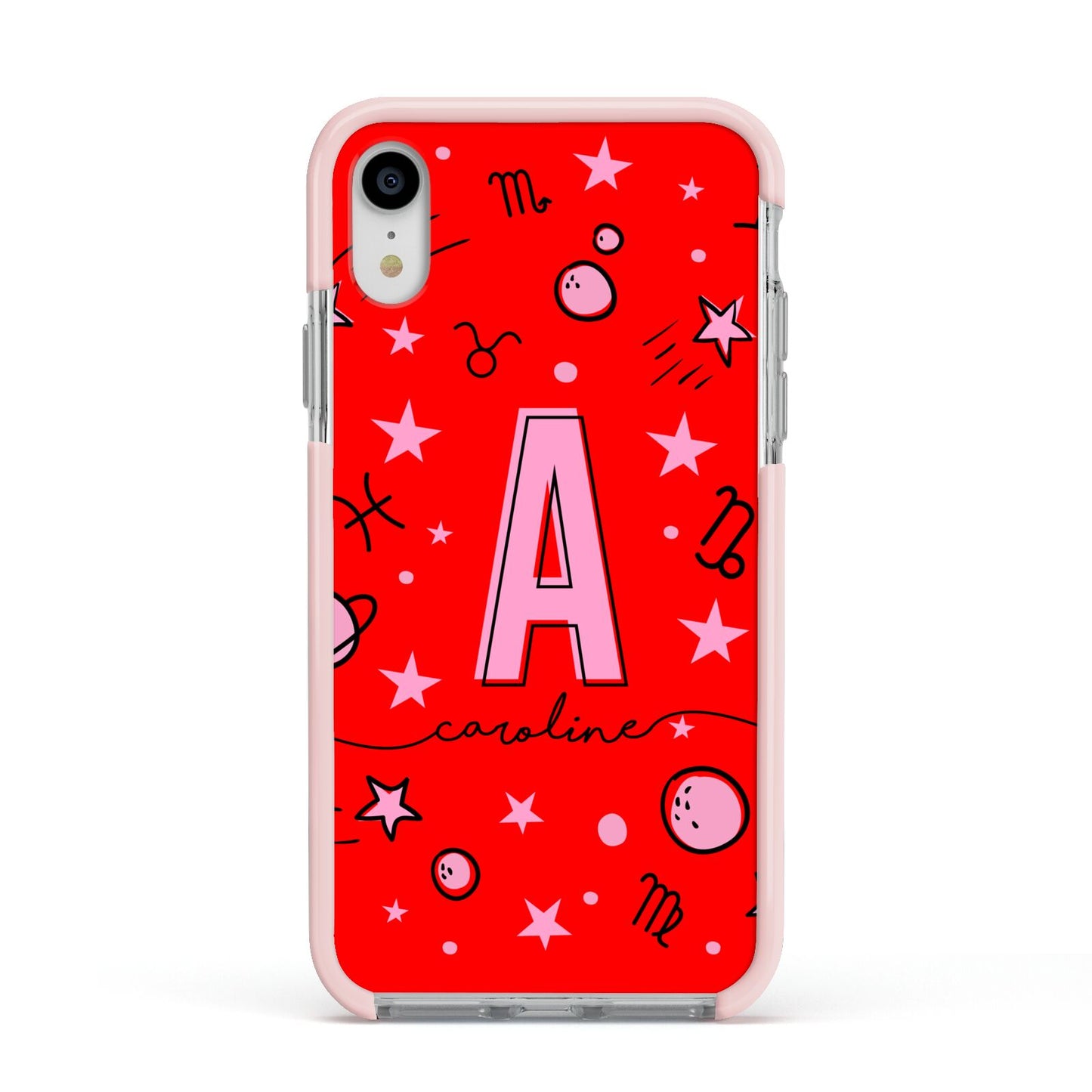 Personalised Space Initial Name Apple iPhone XR Impact Case Pink Edge on Silver Phone