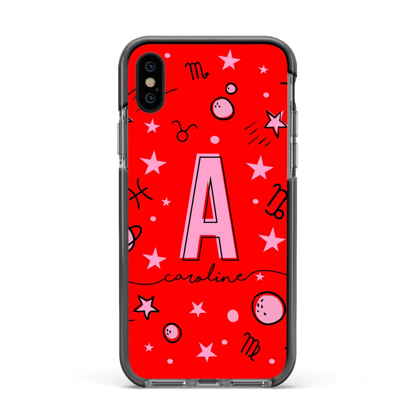Personalised Space Initial Name Apple iPhone Xs Impact Case Black Edge on Black Phone