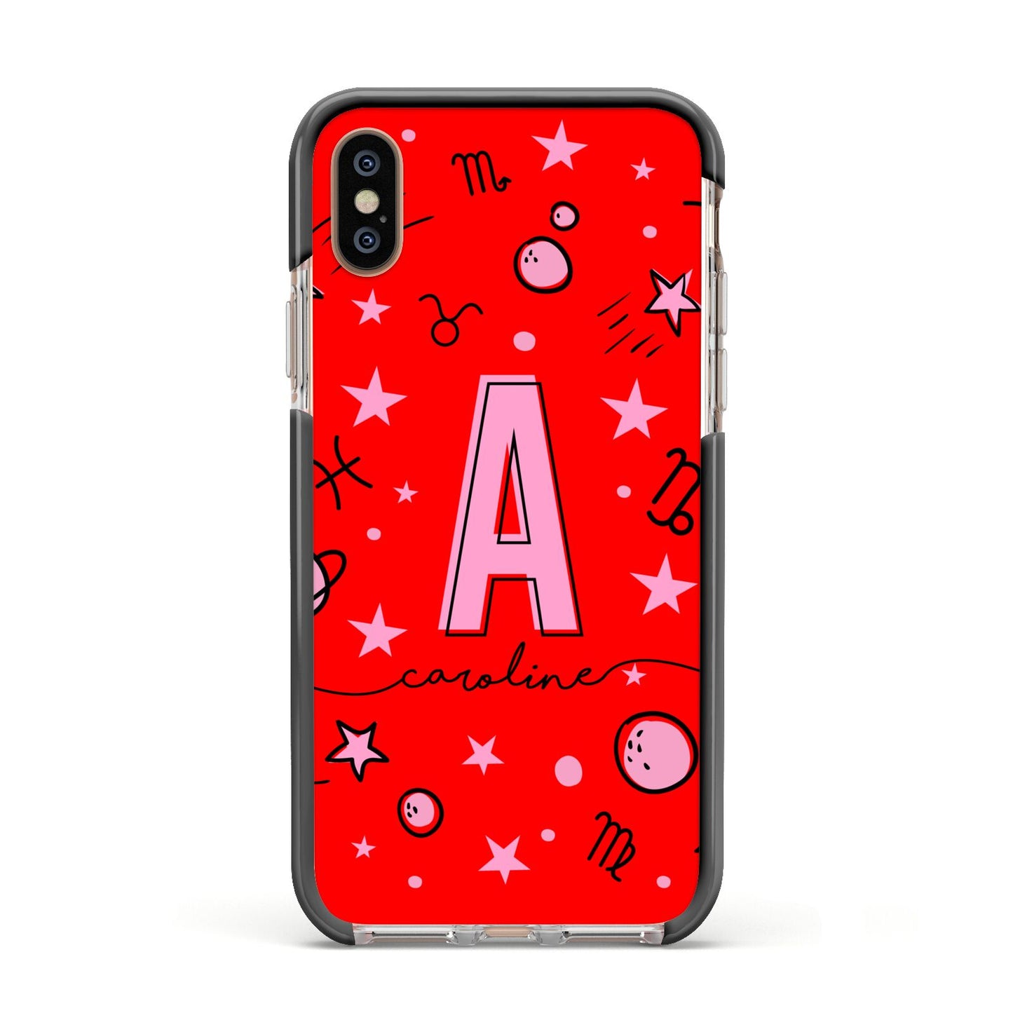 Personalised Space Initial Name Apple iPhone Xs Impact Case Black Edge on Gold Phone