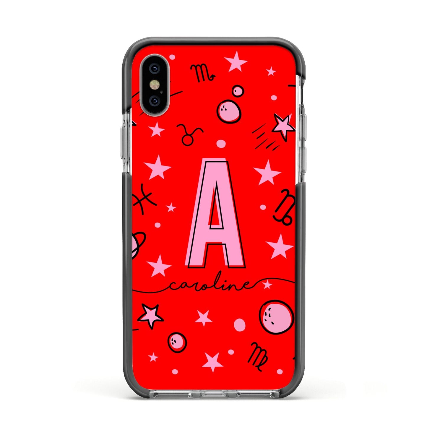 Personalised Space Initial Name Apple iPhone Xs Impact Case Black Edge on Silver Phone