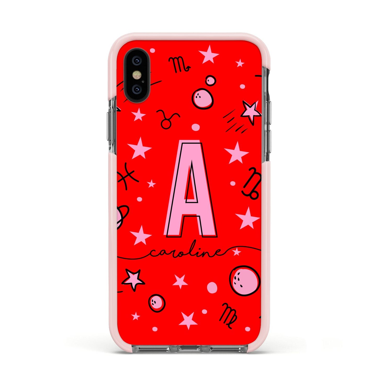 Personalised Space Initial Name Apple iPhone Xs Impact Case Pink Edge on Black Phone