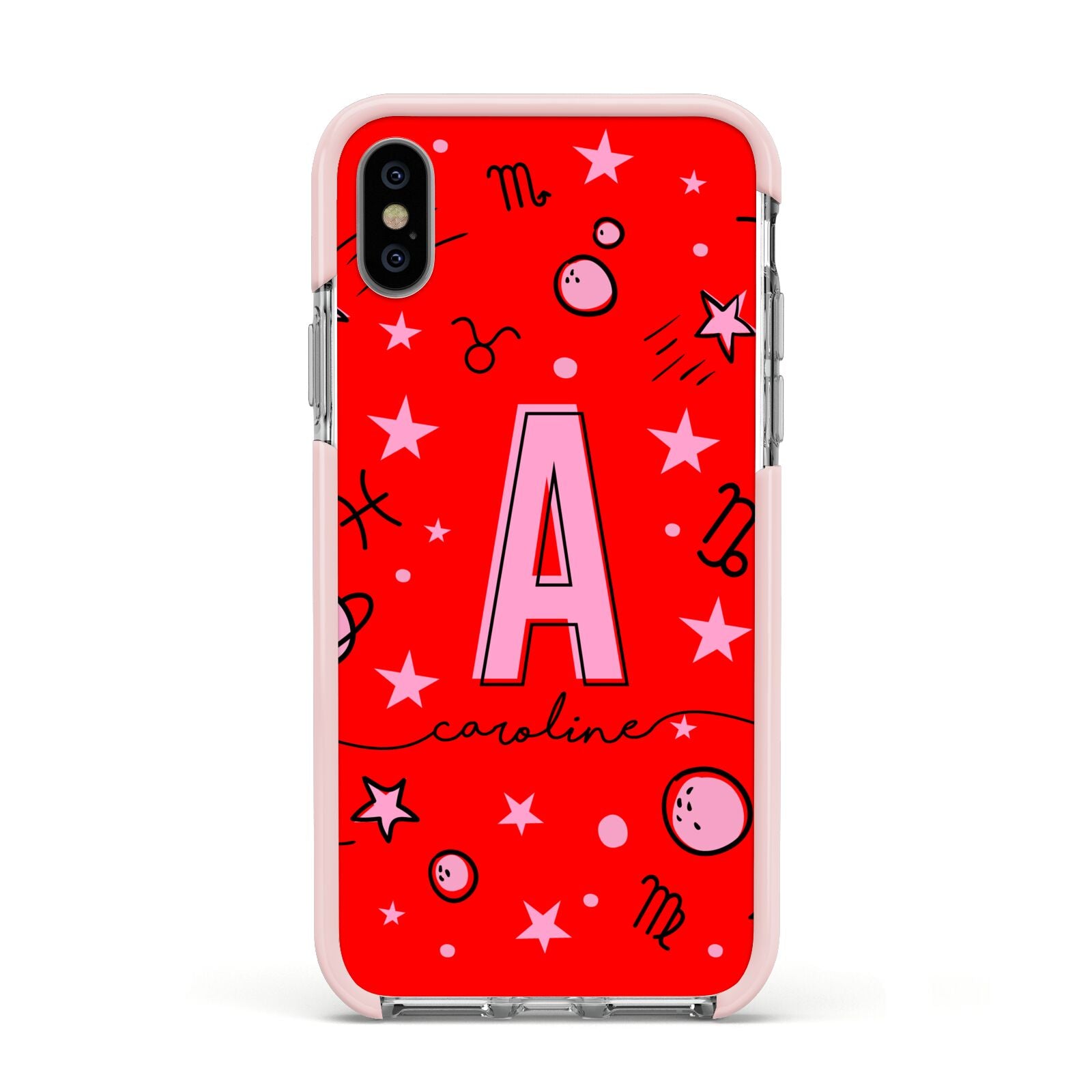 Personalised Space Initial Name Apple iPhone Xs Impact Case Pink Edge on Silver Phone