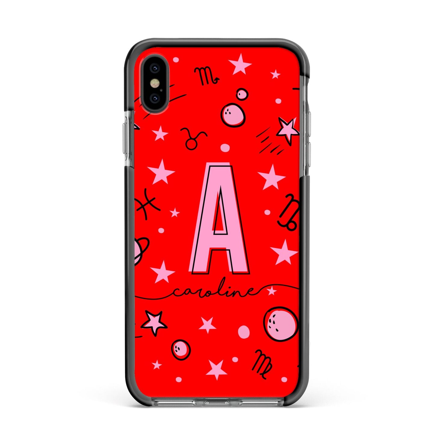 Personalised Space Initial Name Apple iPhone Xs Max Impact Case Black Edge on Black Phone