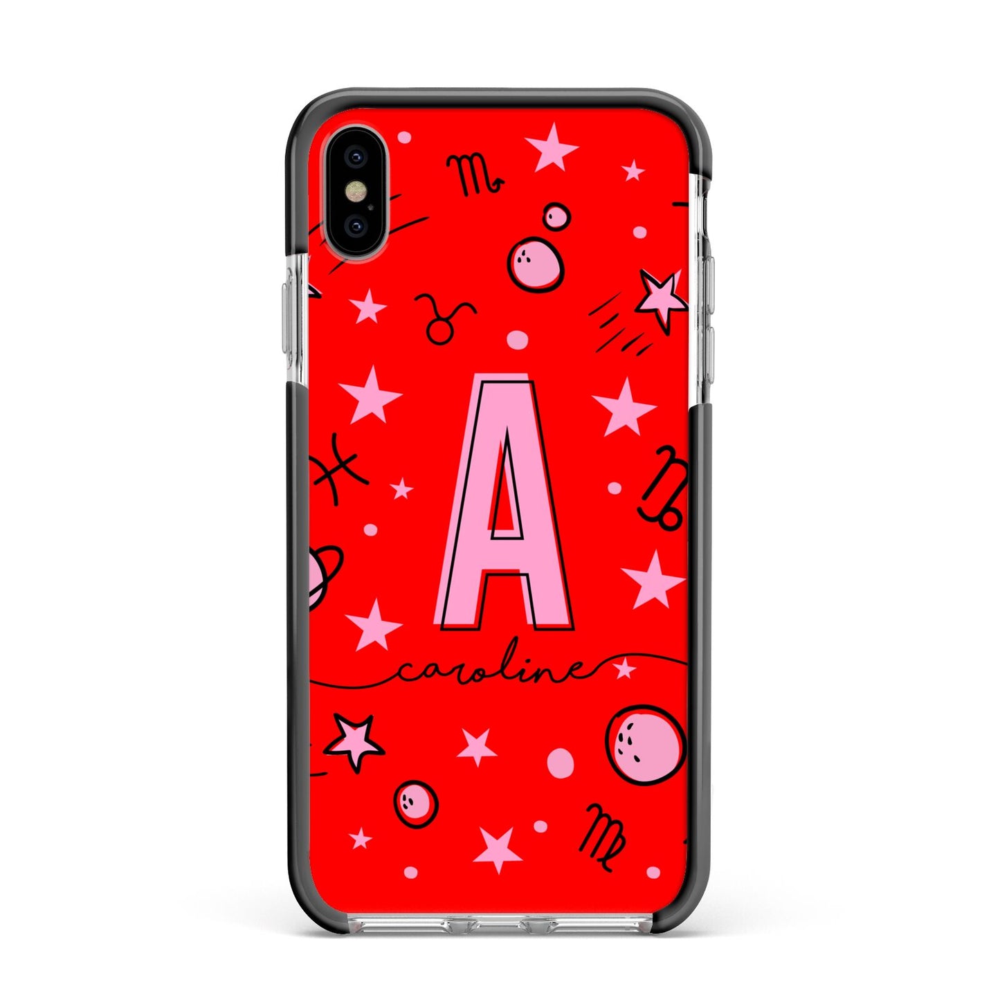 Personalised Space Initial Name Apple iPhone Xs Max Impact Case Black Edge on Silver Phone