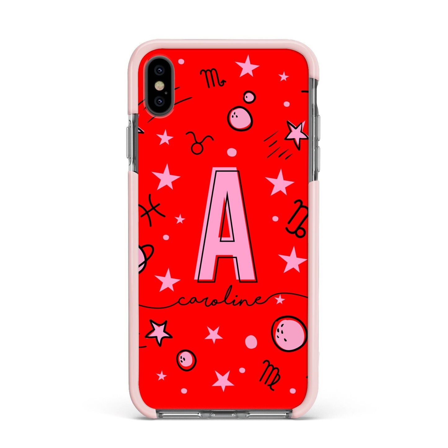 Personalised Space Initial Name Apple iPhone Xs Max Impact Case Pink Edge on Black Phone