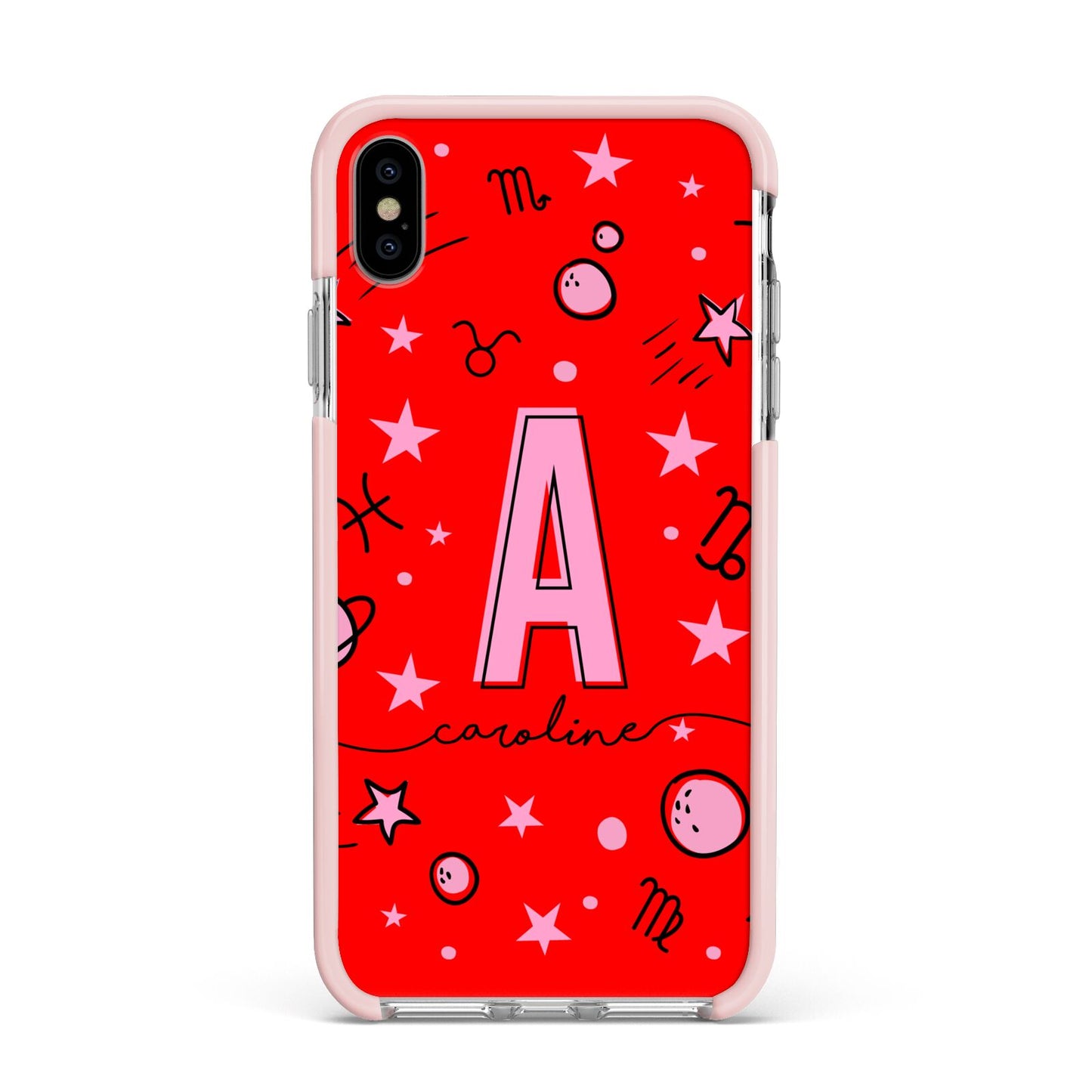 Personalised Space Initial Name Apple iPhone Xs Max Impact Case Pink Edge on Silver Phone