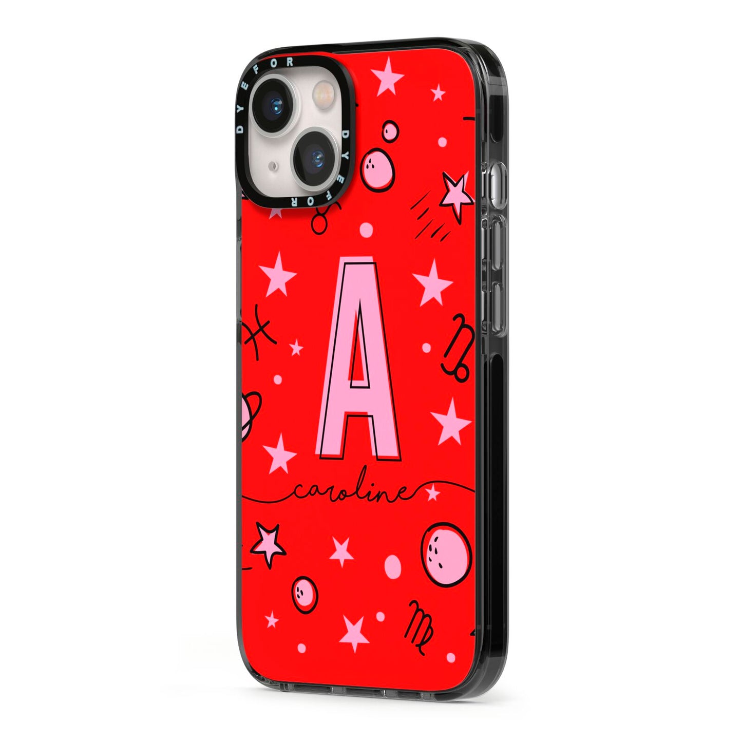 Personalised Space Initial Name iPhone 13 Black Impact Case Side Angle on Silver phone