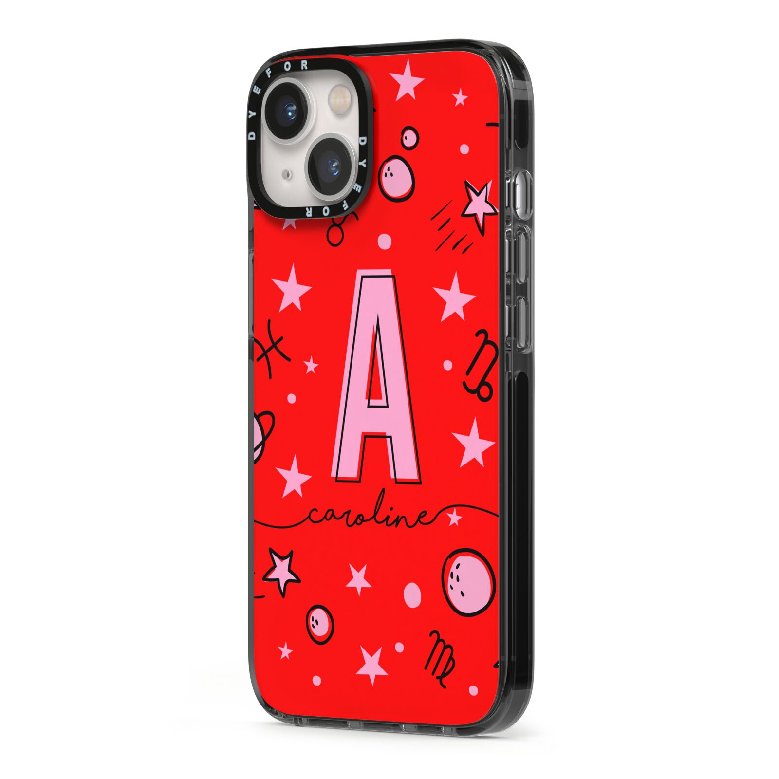 Personalised Space Initial Name iPhone 13 Black Impact Case Side Angle on Silver phone