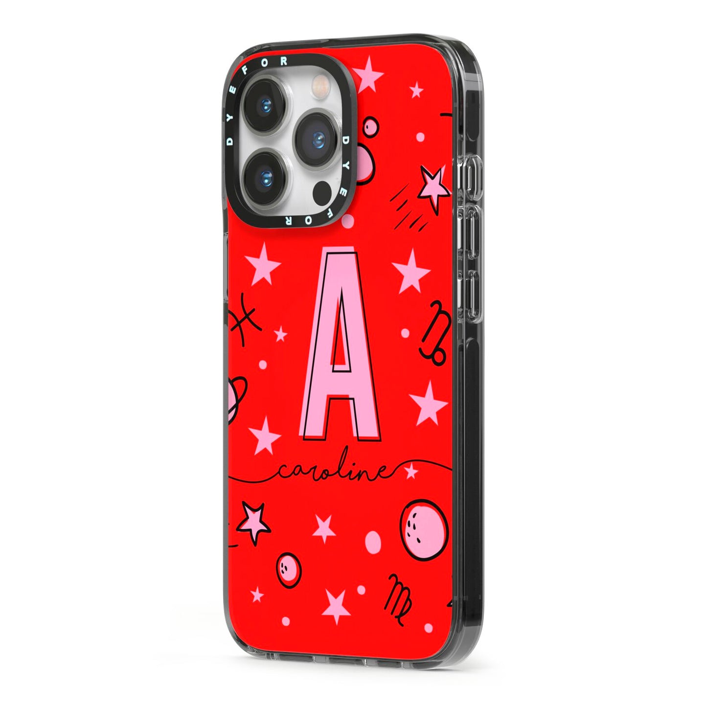 Personalised Space Initial Name iPhone 13 Pro Black Impact Case Side Angle on Silver phone