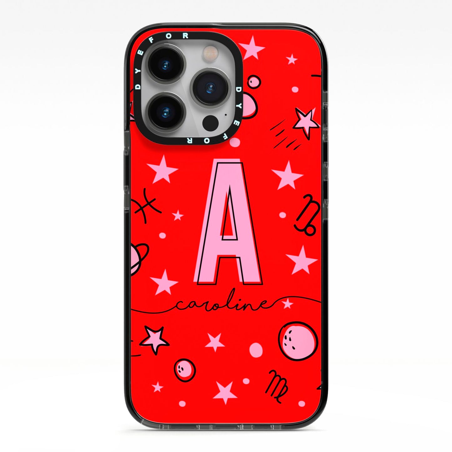 Personalised Space Initial Name iPhone 13 Pro Black Impact Case on Silver phone