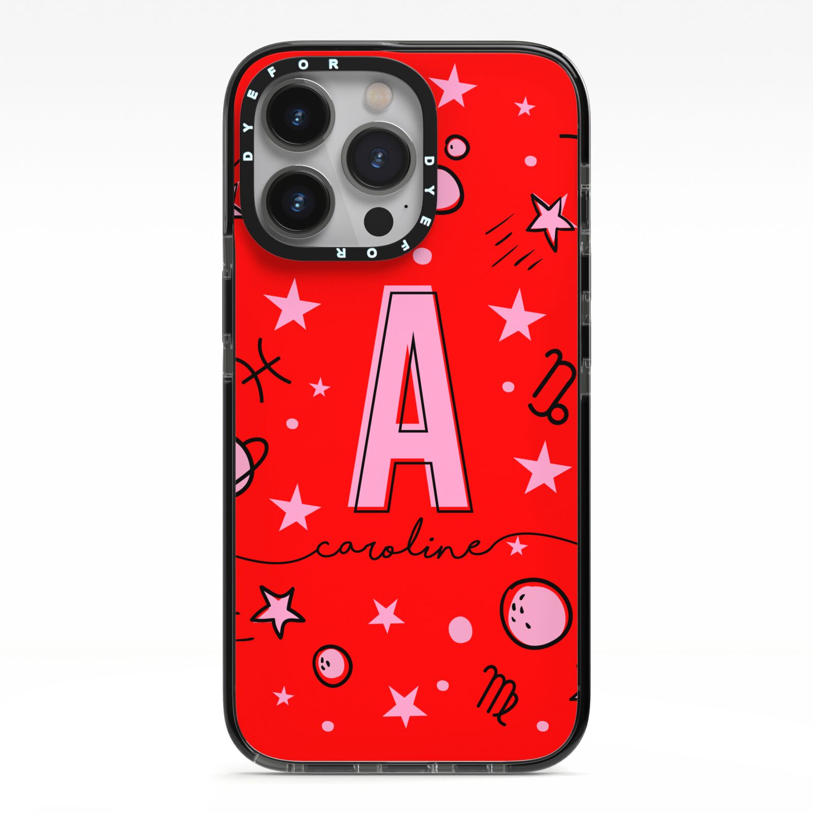 Personalised Space Initial Name iPhone 13 Pro Black Impact Case on Silver phone