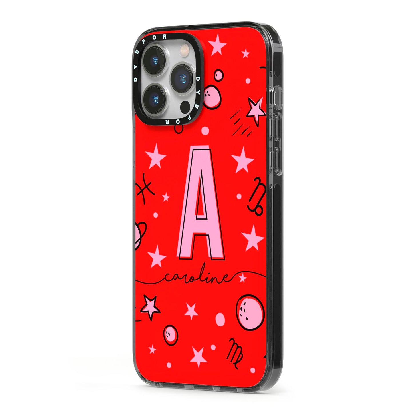 Personalised Space Initial Name iPhone 13 Pro Max Black Impact Case Side Angle on Silver phone
