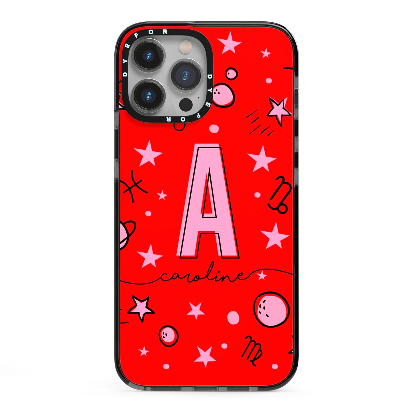 Personalised Space Initial Name iPhone 13 Pro Max Black Impact Case on Silver phone