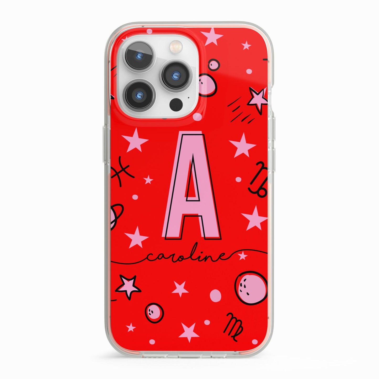 Personalised Space Initial Name iPhone 13 Pro TPU Impact Case with Pink Edges