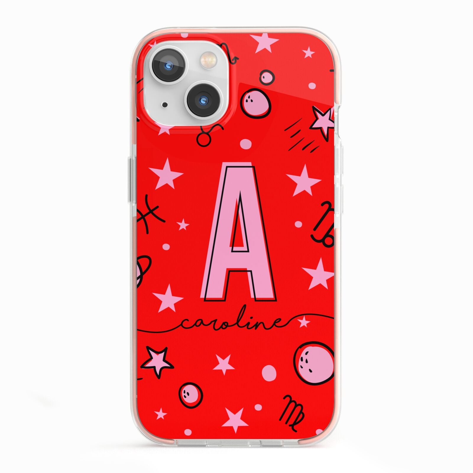 Personalised Space Initial Name iPhone 13 TPU Impact Case with Pink Edges