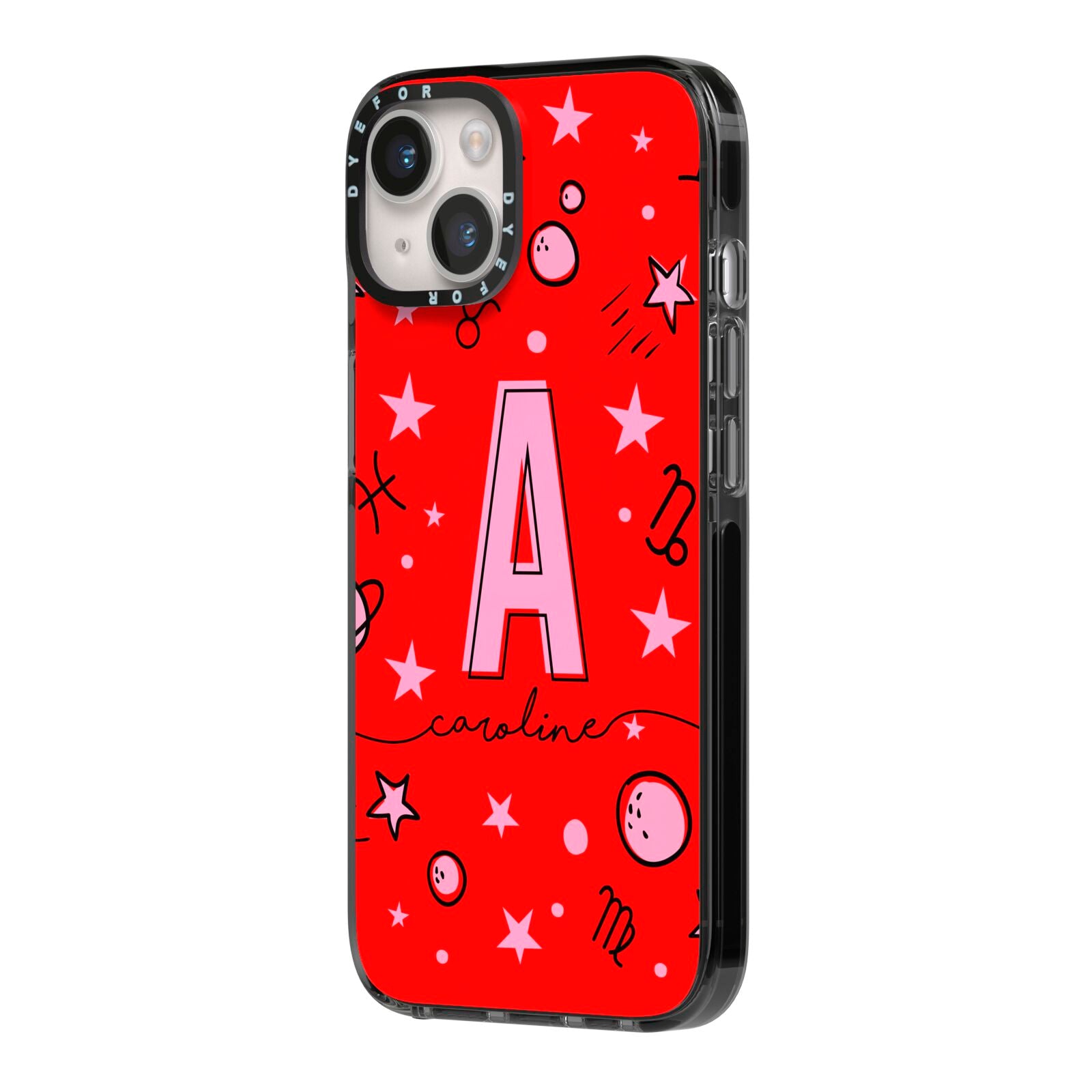 Personalised Space Initial Name iPhone 14 Black Impact Case Side Angle on Silver phone