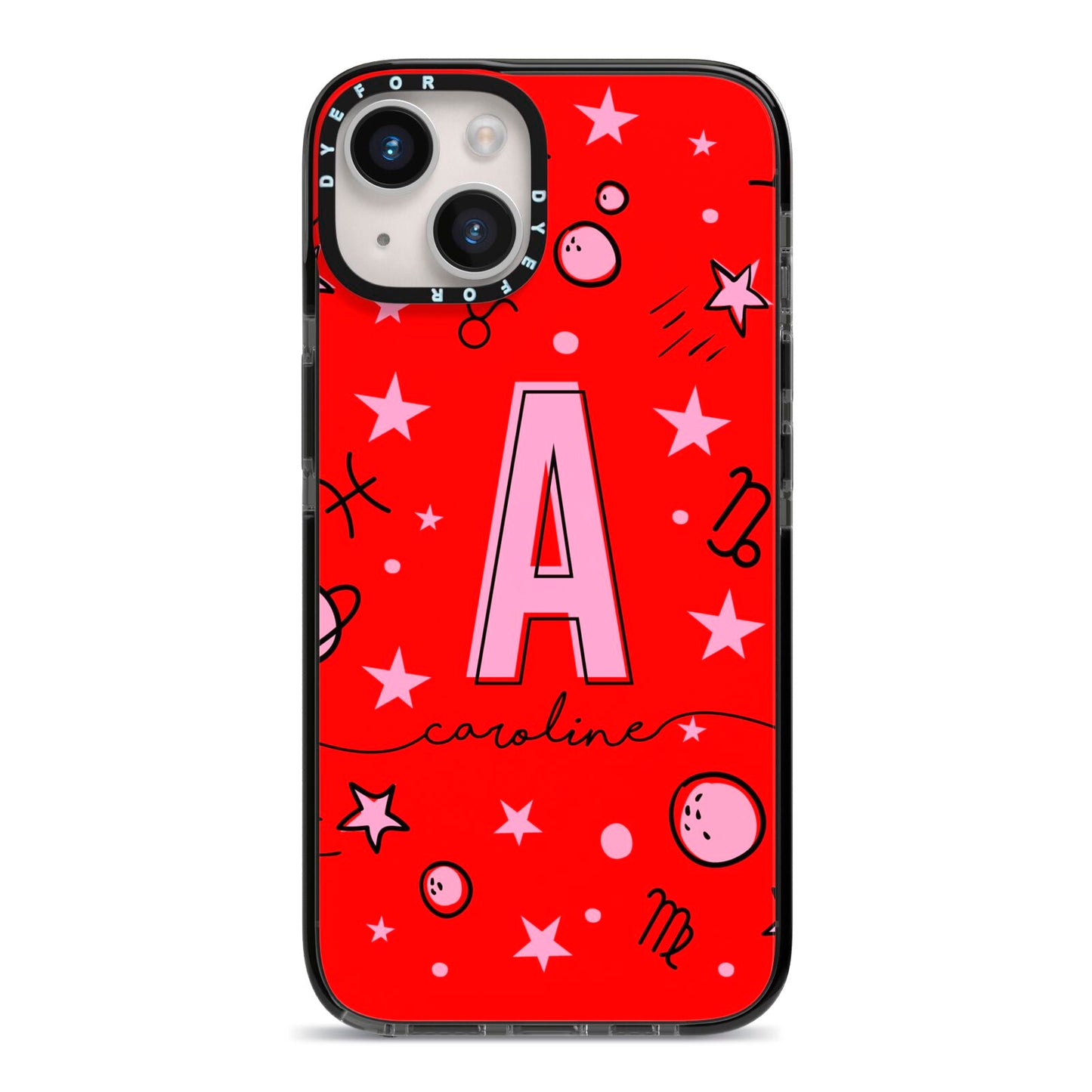 Personalised Space Initial Name iPhone 14 Black Impact Case on Silver phone