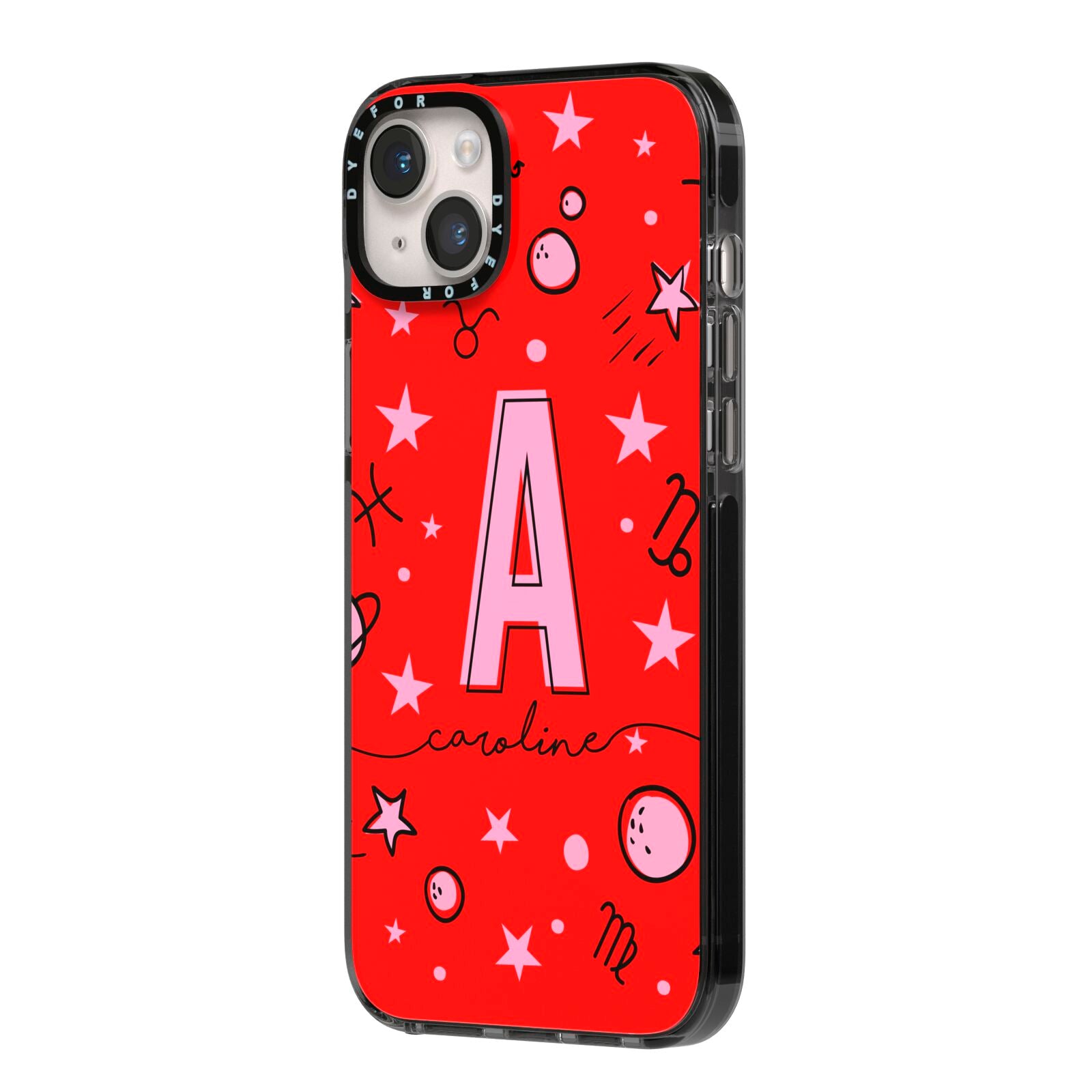 Personalised Space Initial Name iPhone 14 Plus Black Impact Case Side Angle on Silver phone