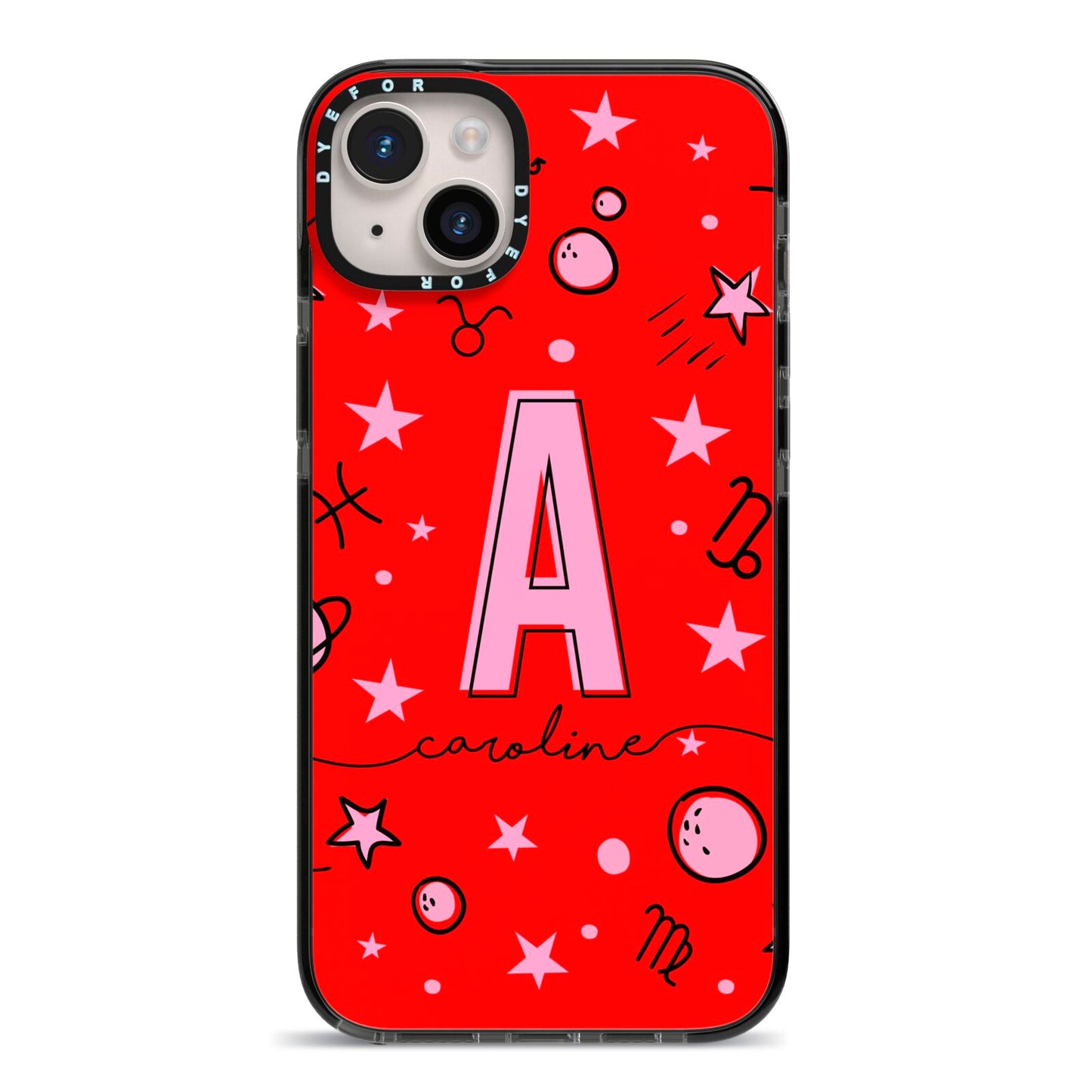 Personalised Space Initial Name iPhone 14 Plus Black Impact Case on Silver phone
