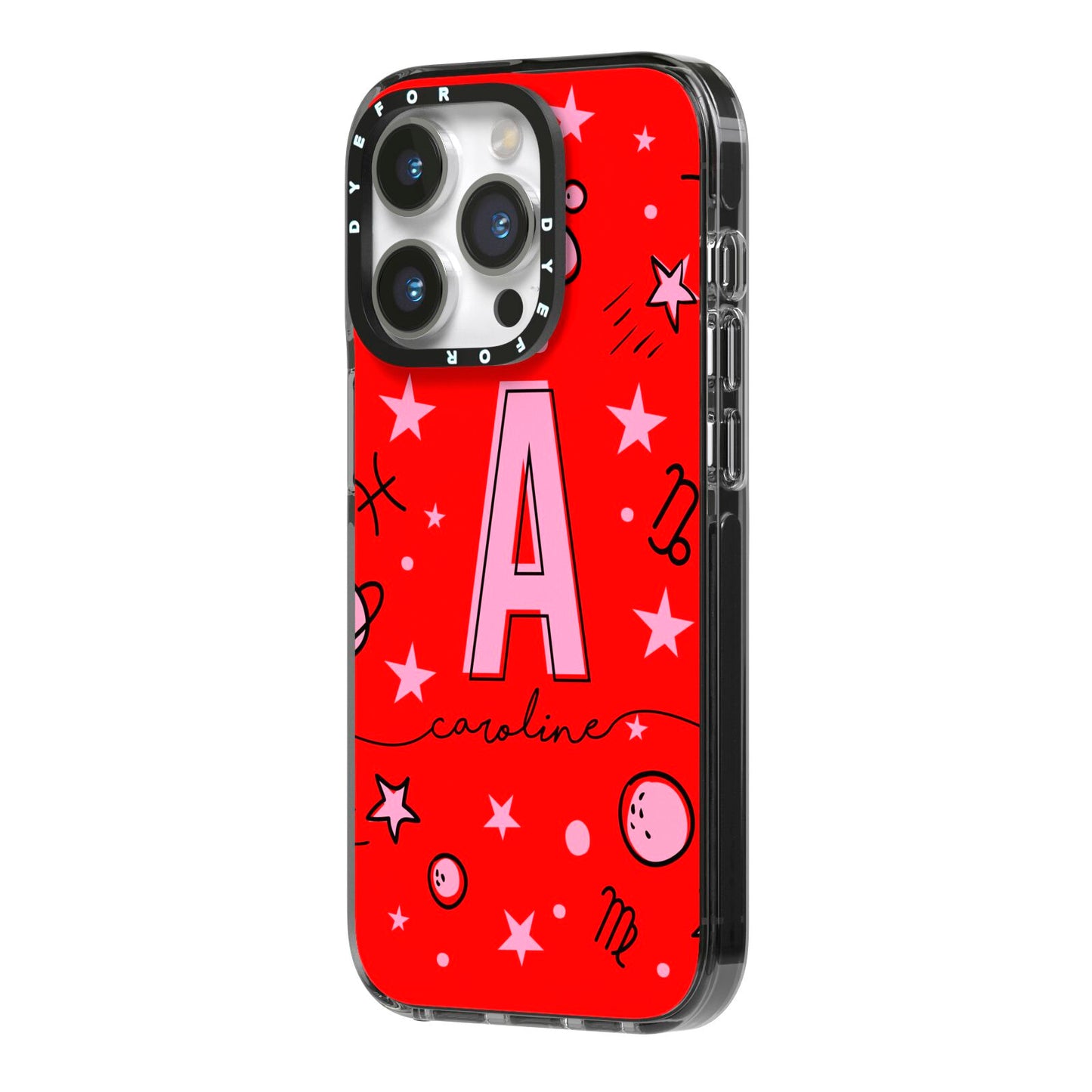 Personalised Space Initial Name iPhone 14 Pro Black Impact Case Side Angle on Silver phone