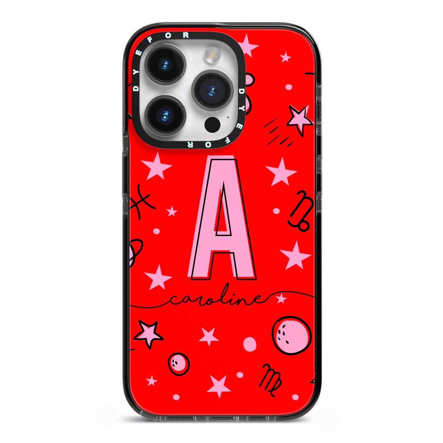 Personalised Space Initial Name iPhone 14 Pro Black Impact Case on Silver phone