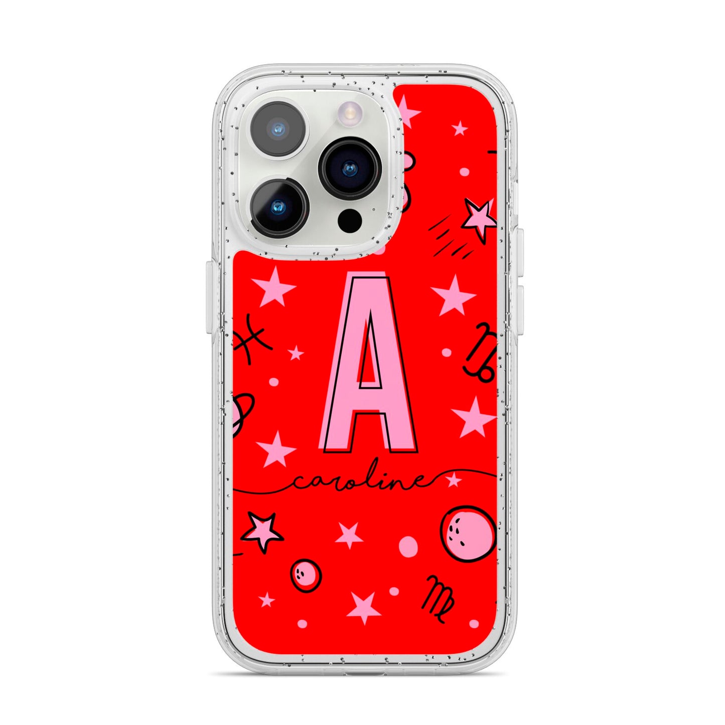 Personalised Space Initial Name iPhone 14 Pro Glitter Tough Case Silver