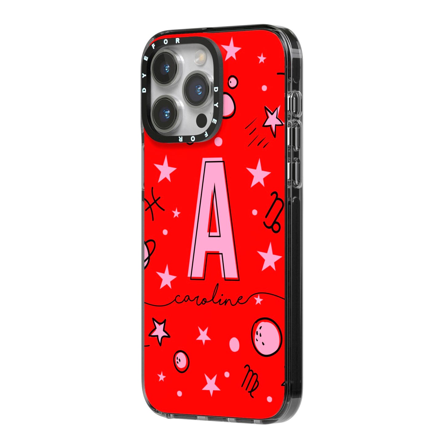 Personalised Space Initial Name iPhone 14 Pro Max Black Impact Case Side Angle on Silver phone