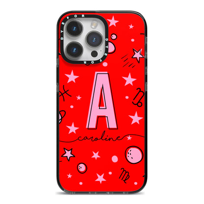 Personalised Space Initial Name iPhone 14 Pro Max Black Impact Case on Silver phone