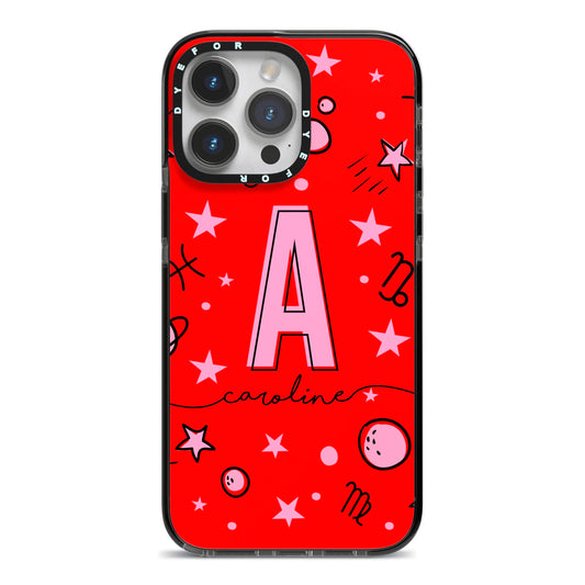 Personalised Space Initial Name iPhone 14 Pro Max Black Impact Case on Silver phone