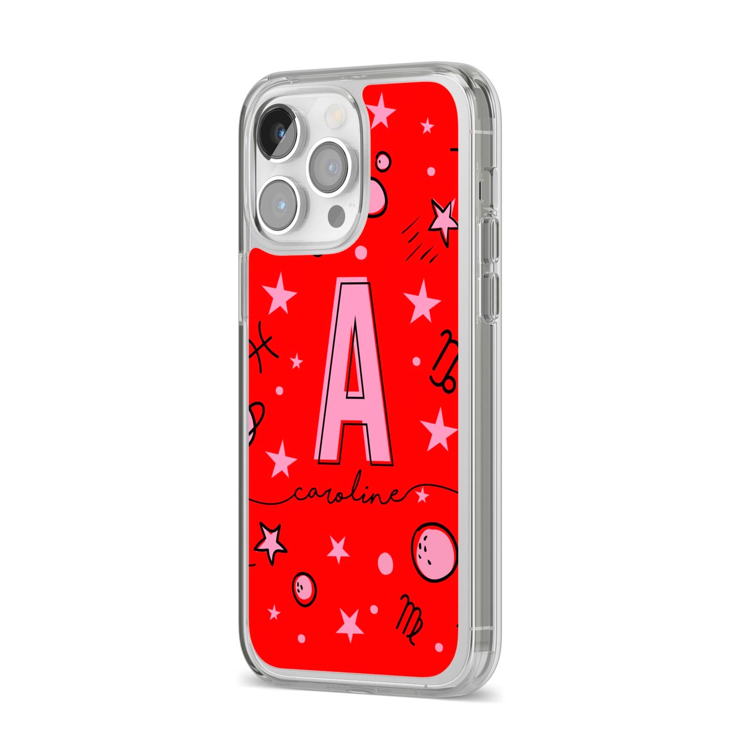 Personalised Space Initial Name iPhone 14 Pro Max Clear Tough Case Silver Angled Image